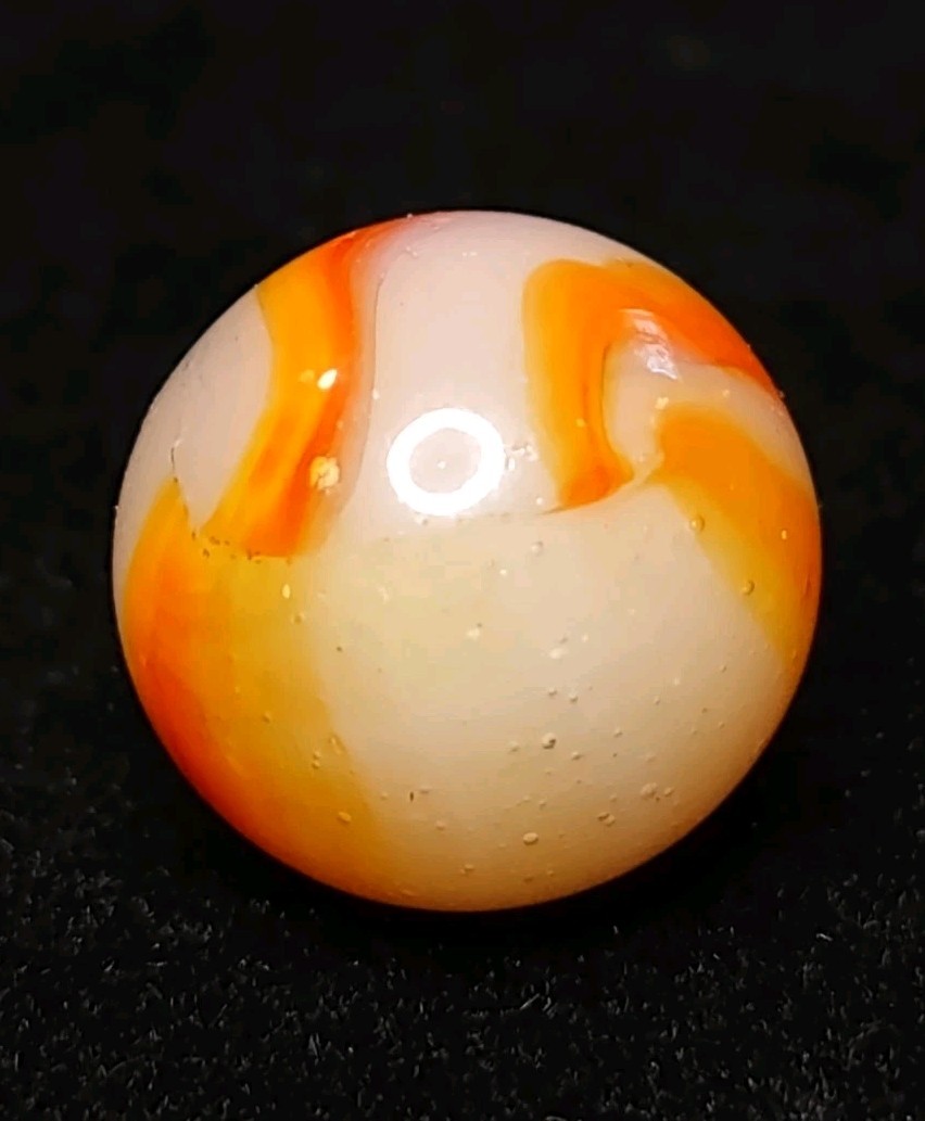 Yellow & Orange & Wh. Bubbly ClearBase Peltier Rainbo Glass VINTAGE Marble .64″