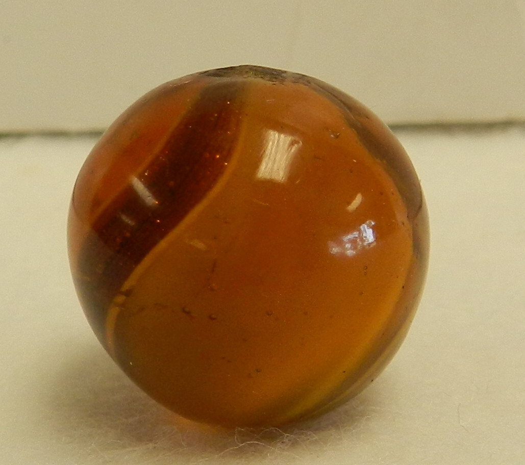 #18549m Large .77 Inches Vintage German Handmade Amber Glass Ribbon Lutz Marble