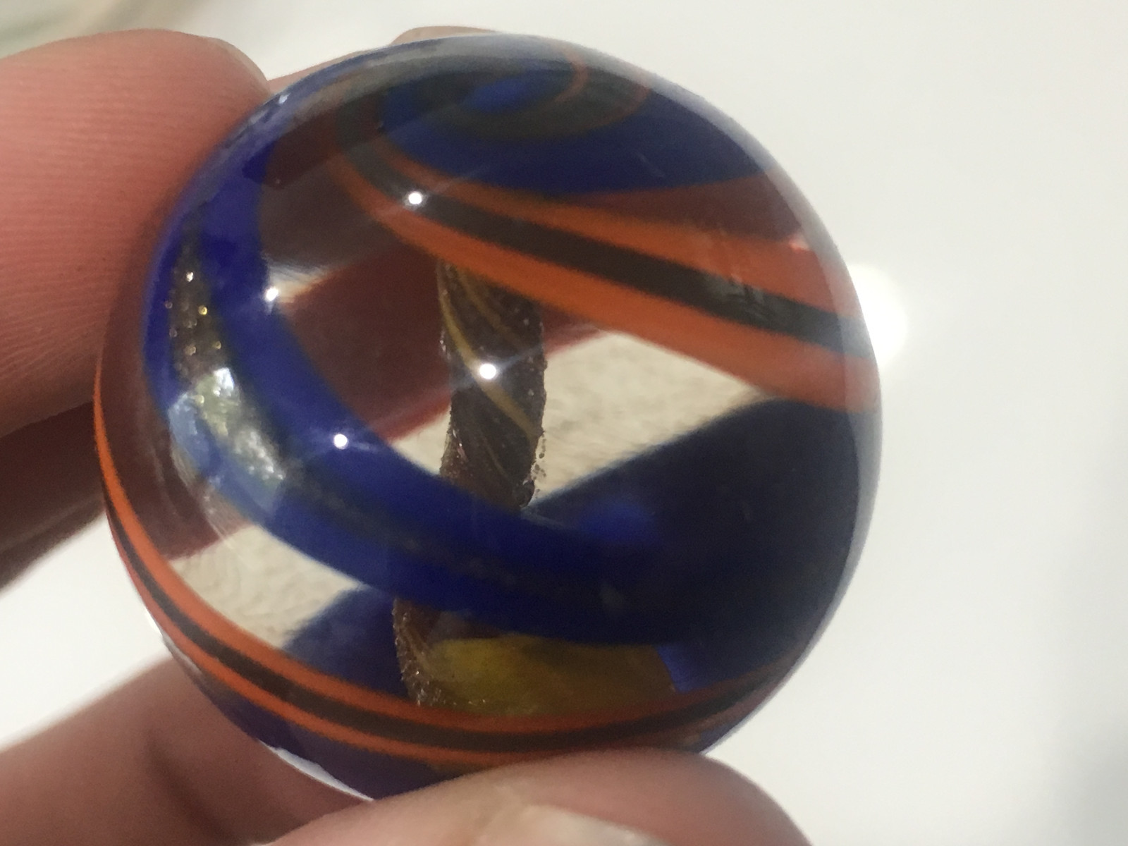 Unknown Age Blown Glass Shooter Marble Blue Orange Gold Yellow Swirl