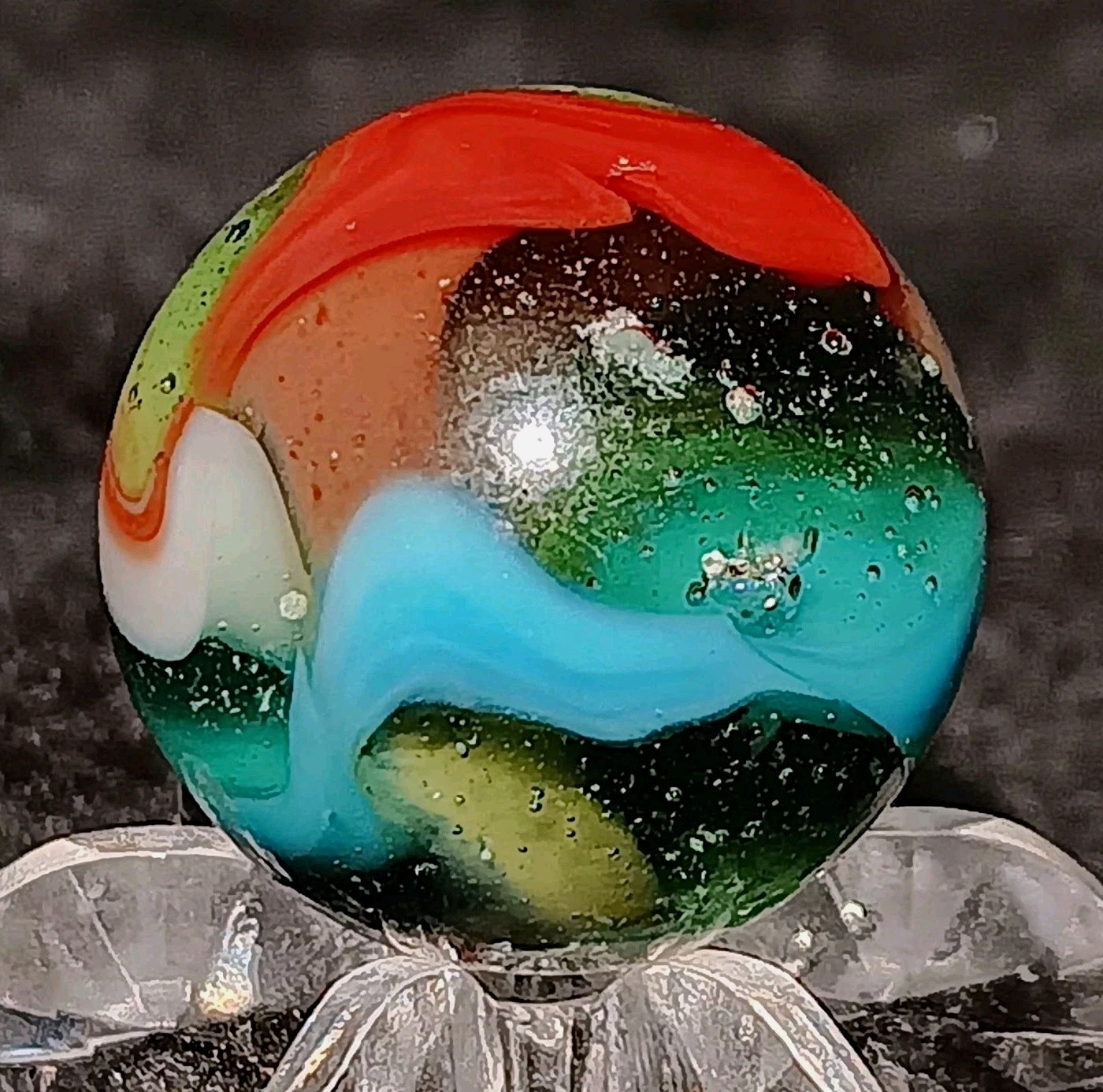 Vintage Pelter Glass NLR Multi-Color Rainbo Marble. W-Oxblood. .66″ Mint. HTF