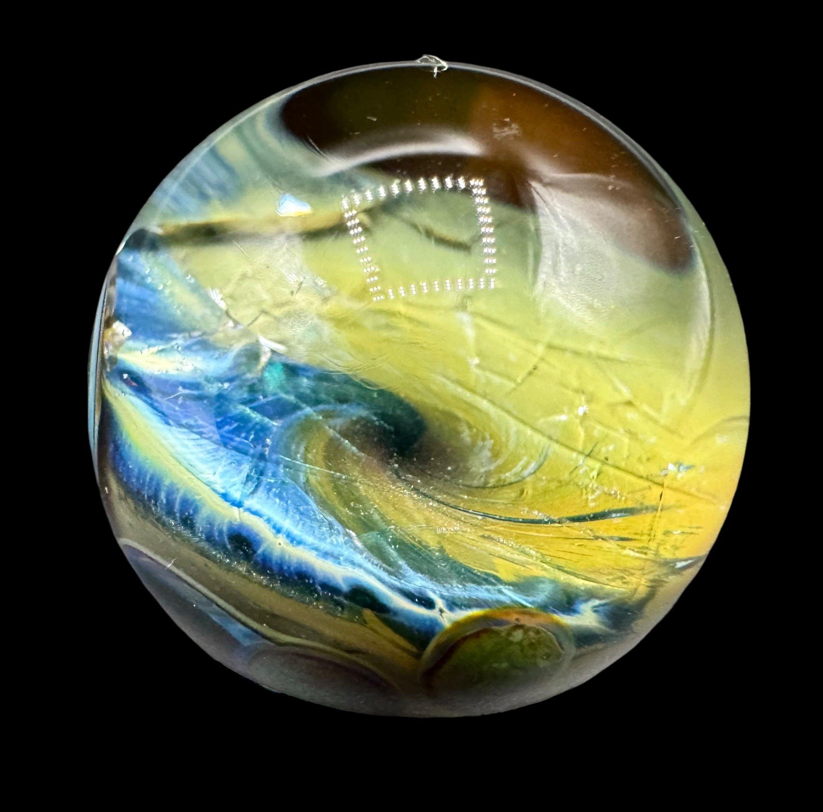 Contemporary Handmade Art Glass Marble 1.23″ Blue Green Purple Planet Crackle