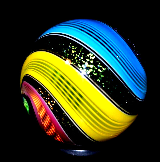 HOT HOUSE GLASS MARBLE/1.490″-TRIPLE DICHROIC LATTICINIO-CRIMSON, TURQ,SUNFLOWER