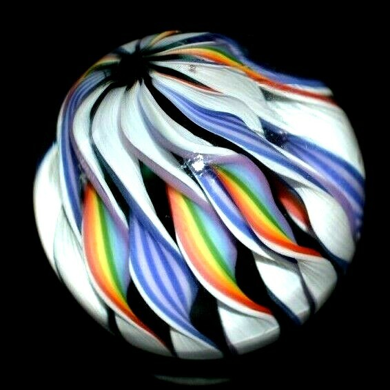BRYAN TRILLAS GLASS MARBLE/1.331″-14 CANE RAINBOW FILIGRANA-BOULDER LAVENDER,RED