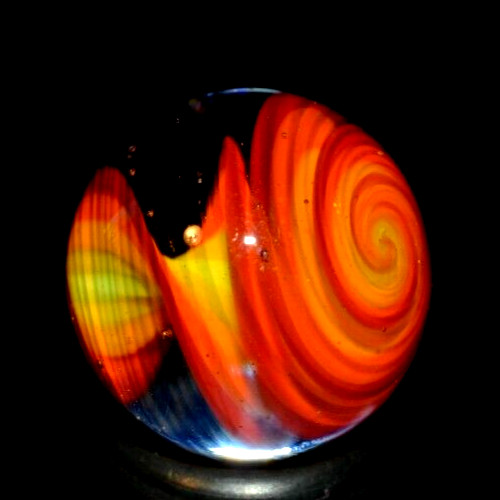 BRYAN TRILLAS GLASS MARBLE/.758″-BLUE BLACKLIGHT FIERY CORKSCREW-GOLDENROD,ORG+