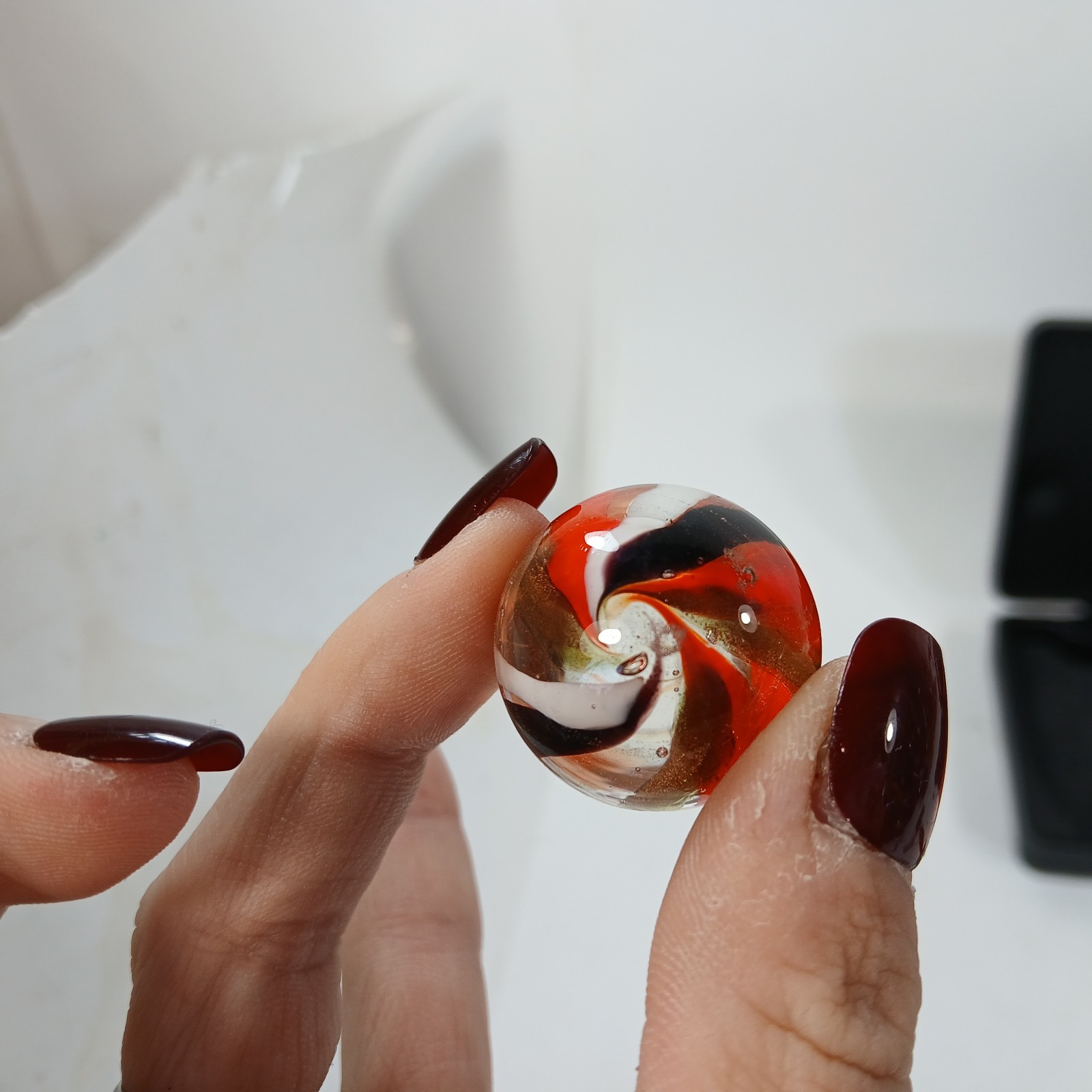 Red White Black Gold banded swirl 1″ Shooter Hot House? Glass Marble Lampwork