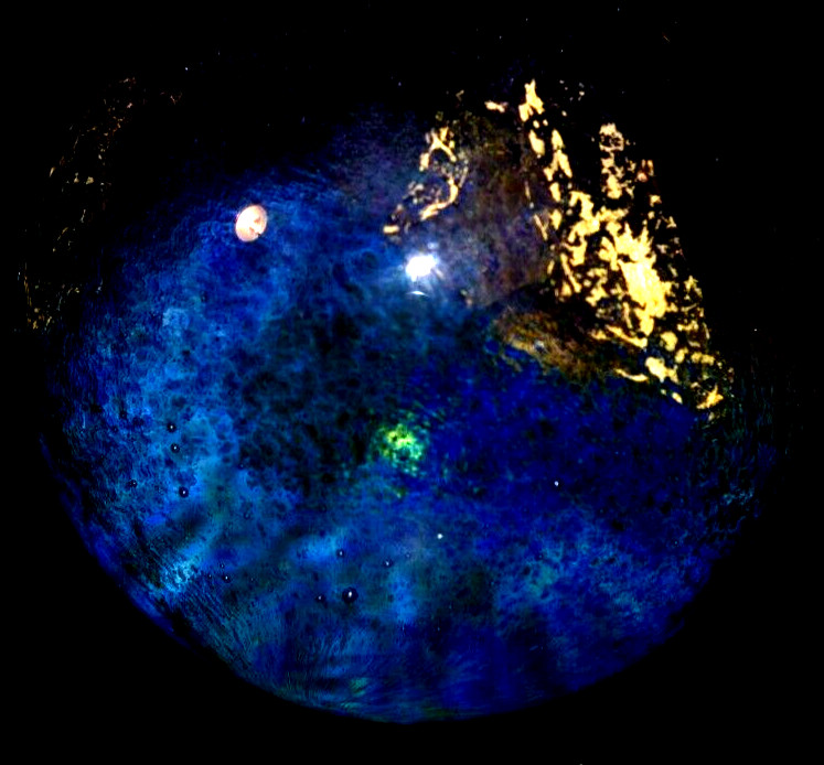 CHARLES CULBERT GLASS MARBLE/2.724″-TRANSPARENT DARK EARTH ABSTRACT-GOLD,VIOLET+