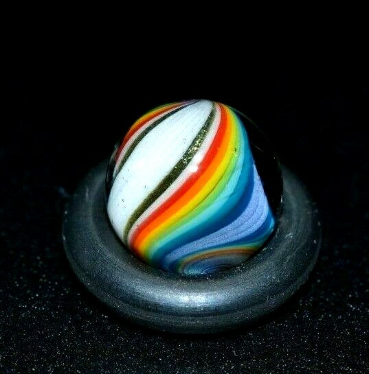 BRYAN TRILLAS GLASS MARBLE/.432″-WHITE STRIPE RAINBOW UV-NEON GREEN UNDER BLACKL