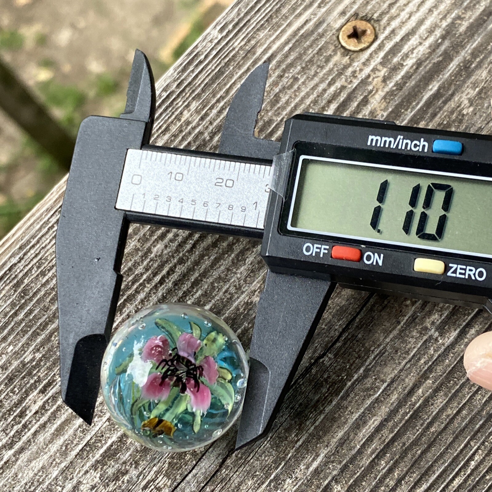 Pink Tiny Full Bloom Floral Murrini Handmade Glass Marble With Tiny Bee