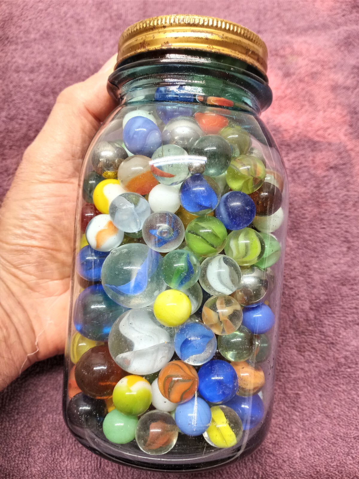 Vintage MARBLES QUART JAR of OLD GLASS MARBLES about 4.5 Pounds