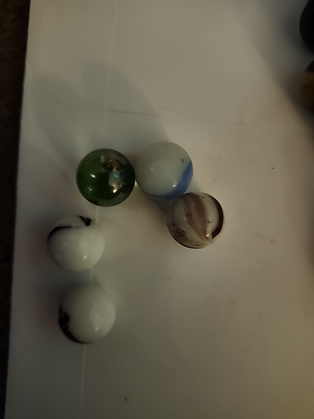 Vintage Lot 61 Glass Marbles Green yellow White brown swirl Black 2 Shooters