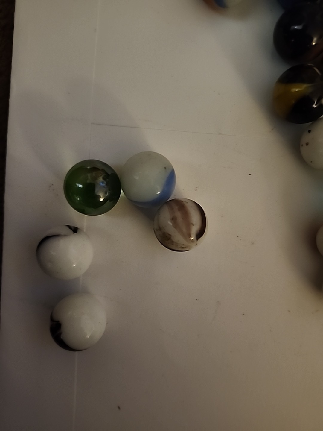 Vintage Lot 61 Glass Marbles Green yellow White brown swirl Black 2 Shooters