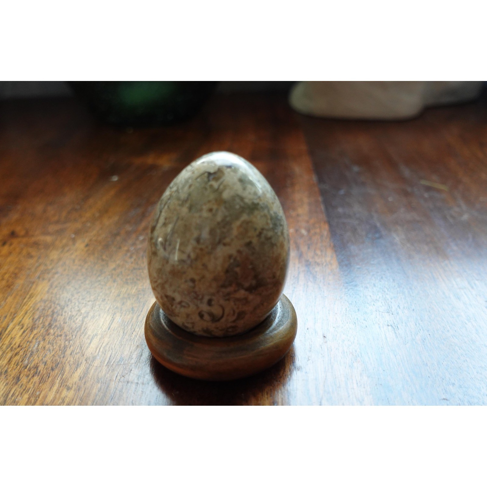 Vintage Polished Marble Egg with Stand: Brown Speckled Decor