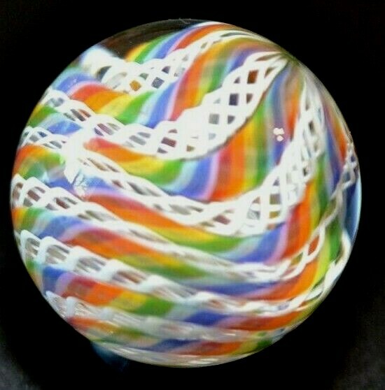 BRYAN TRILLAS GLASS MARBLE/1.316″-12 CANE LACE RAIBOW-RED,ORANGE,YELLOW,BLUE+
