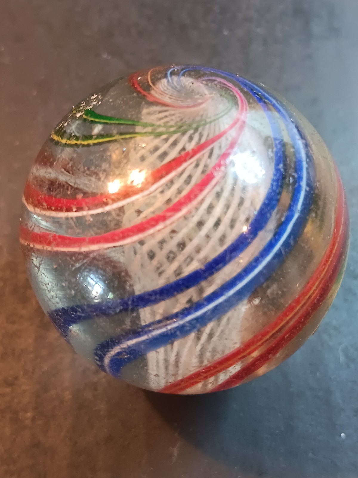 Handmade swirl Latticinio core Marble Vintage german Red Blue Green 1.84 inch