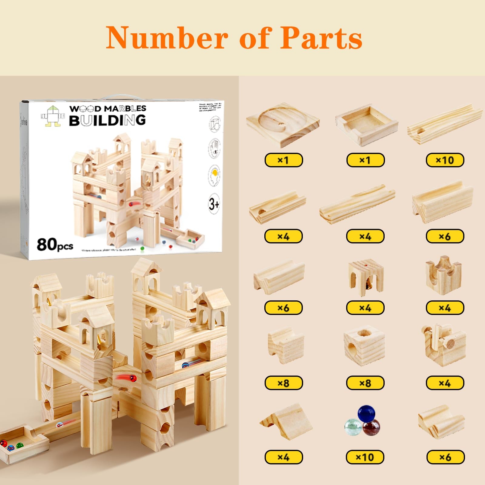 Wooden Marble Run for Kids Ages 4-8 – 80 Pieces Rush 80 Pieces, 80 Pcs