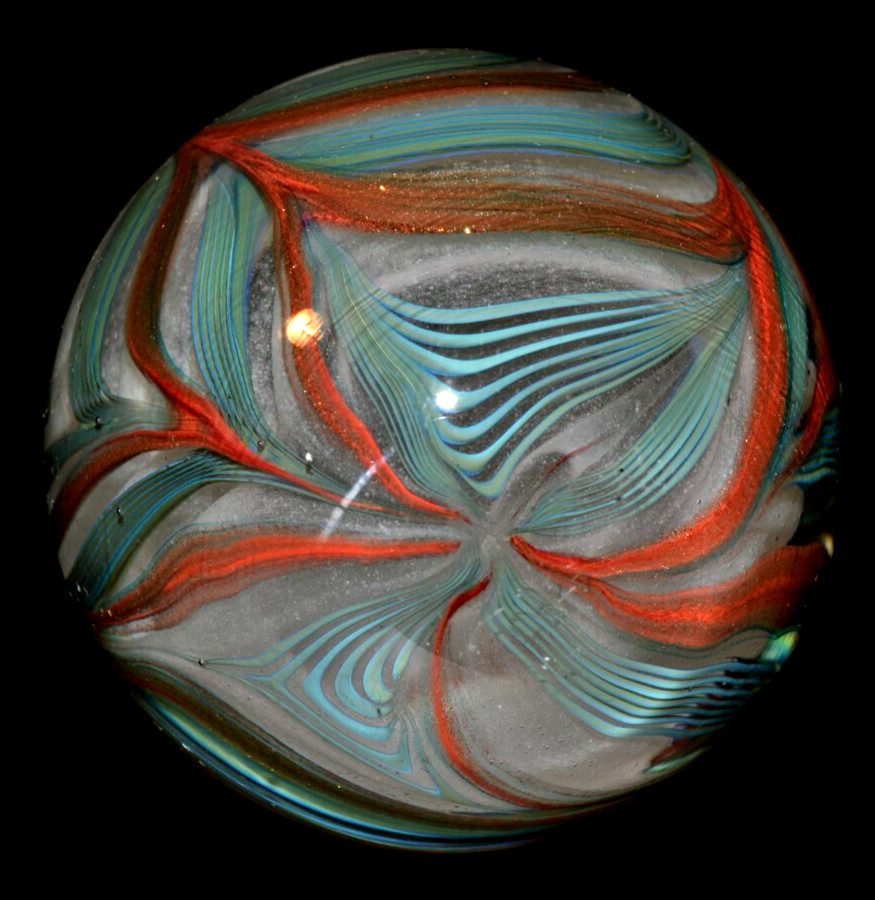 JEREMY DRISKELL GLASS MARBLE/3.175″-TURQUOISE BLACKLIGHT FEATHER-TURQ. UNDER BL