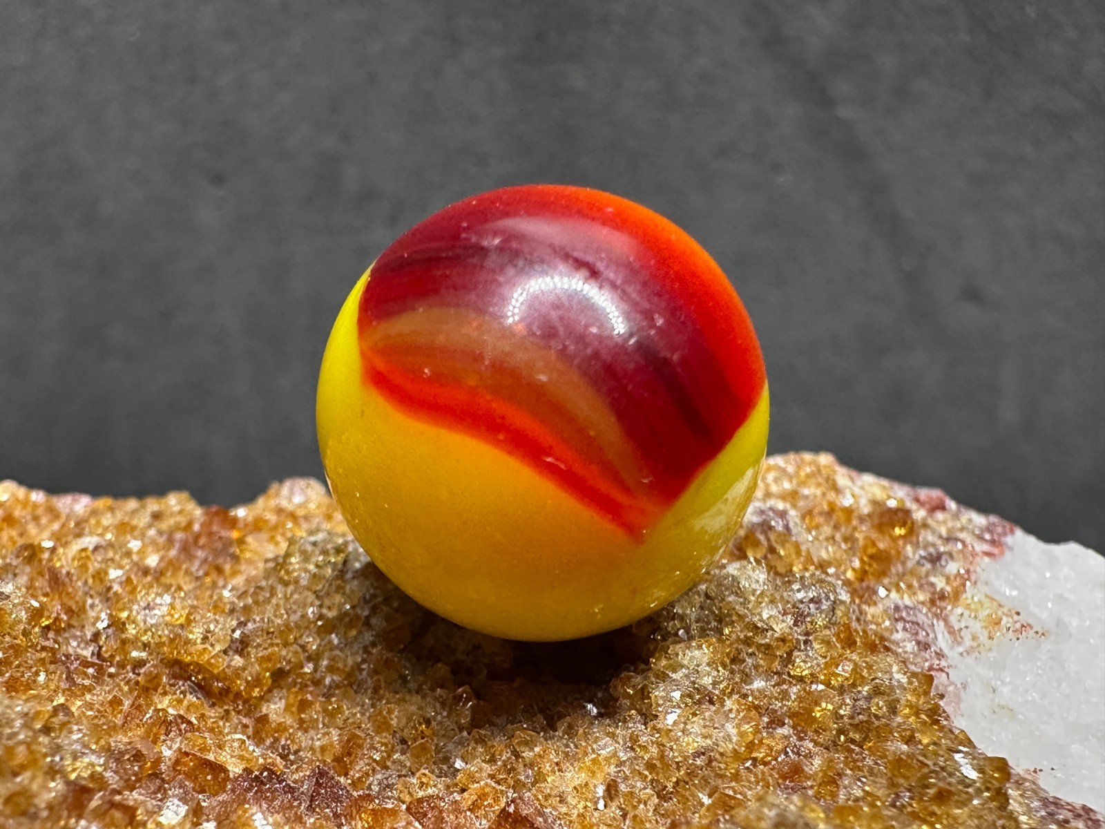 Vintage Akro Agate Royal Patch Marble – Red & Yellow – .60″ Very Nice!