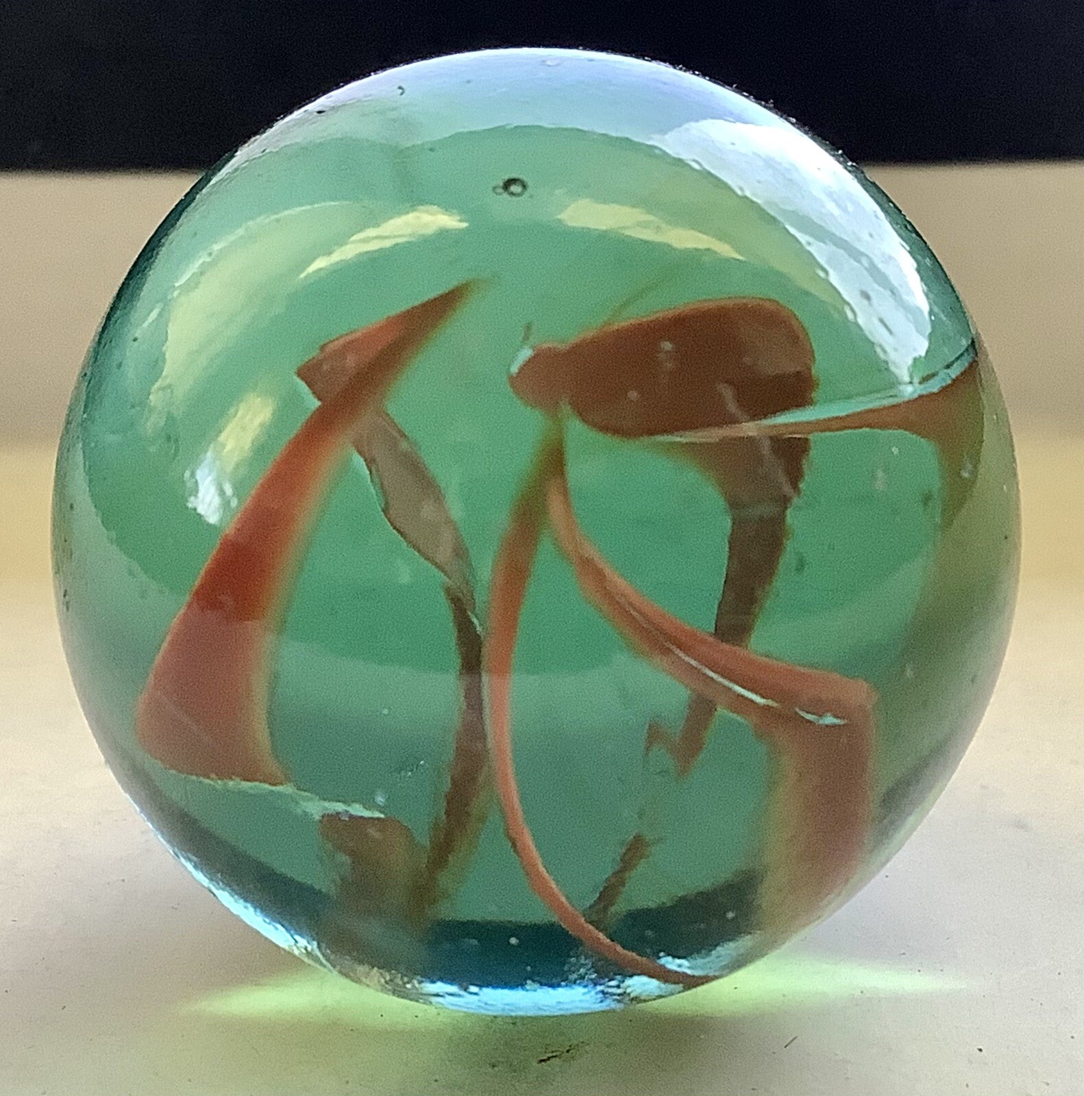Vintage Estate Large 6 Vein Rust Red Color In Aqua Glass Shooter 1” Marble