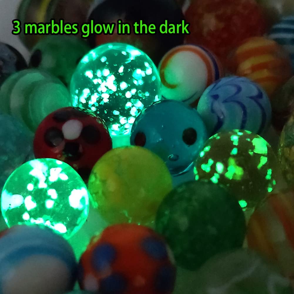 Assorted Marbles 71pcs (6×1″ 2×0.87″ 6×0.79″ 57×0.63″) – 3 Glow in Dark for Kids