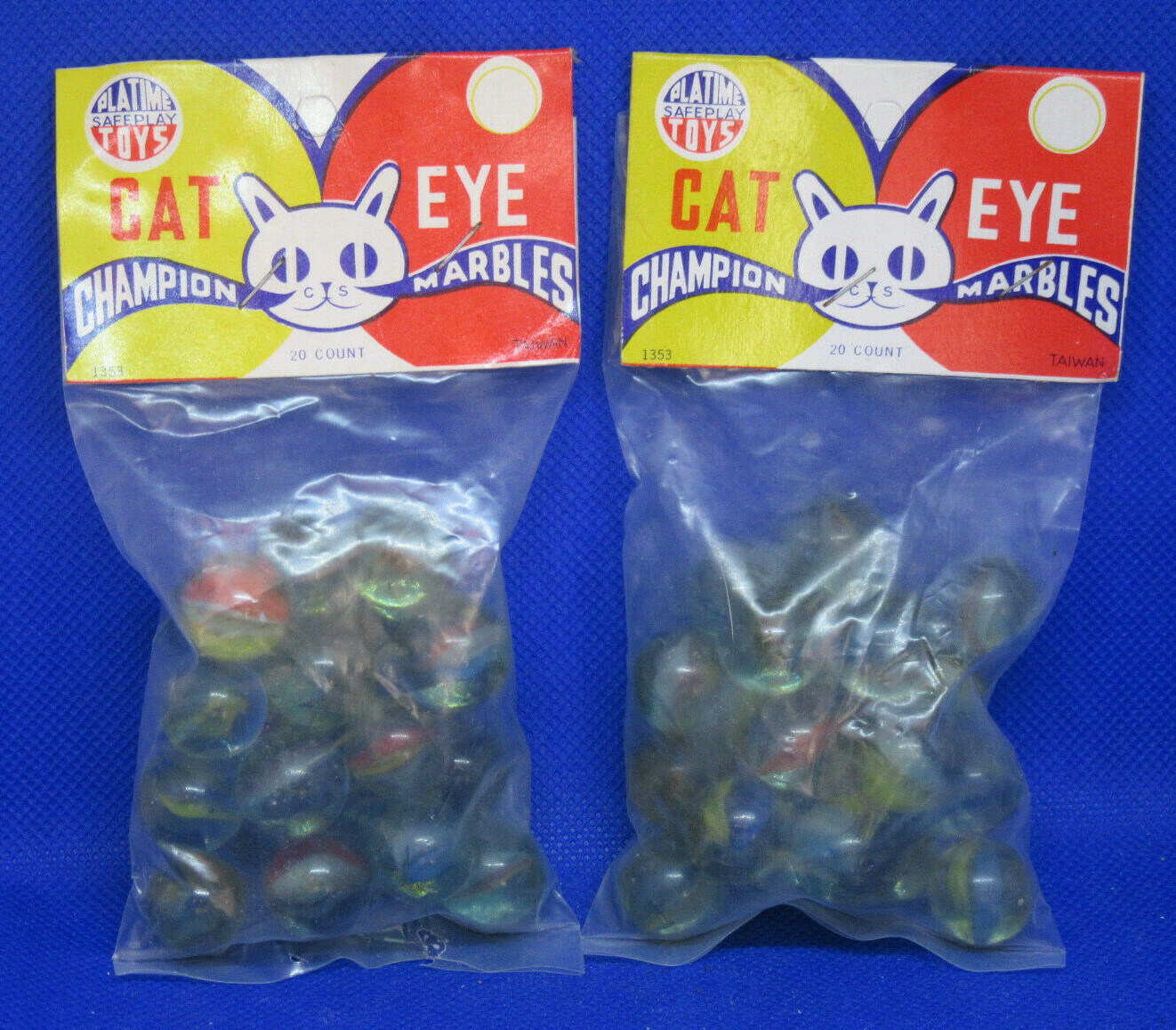 Vintage nos platime toys cat eye champion marbels 20 count bags- 2 count