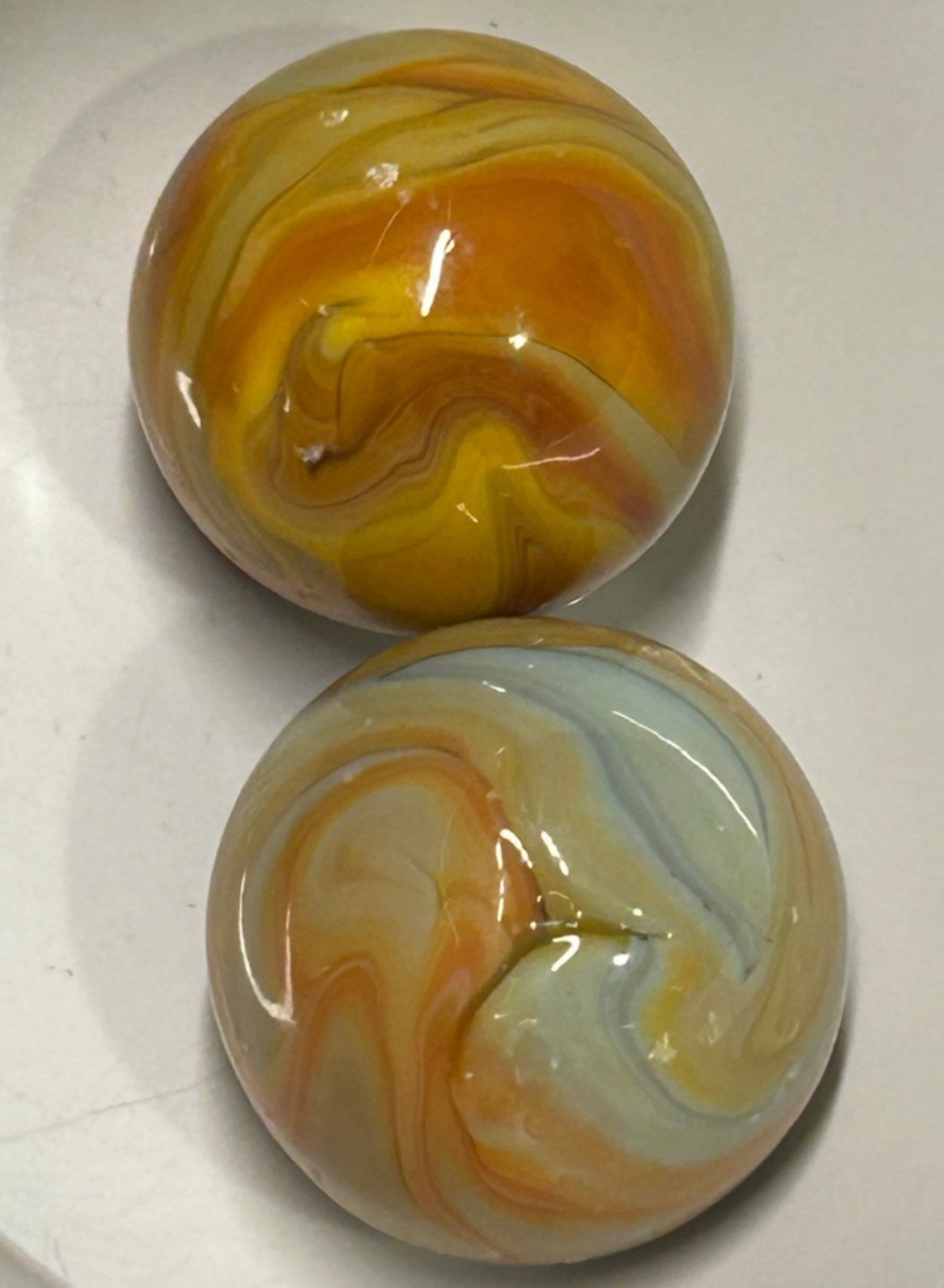 Vintage JABO Glass Swirl Art Marble Shooter Pair 1″ As-Made Factory Crease Marks