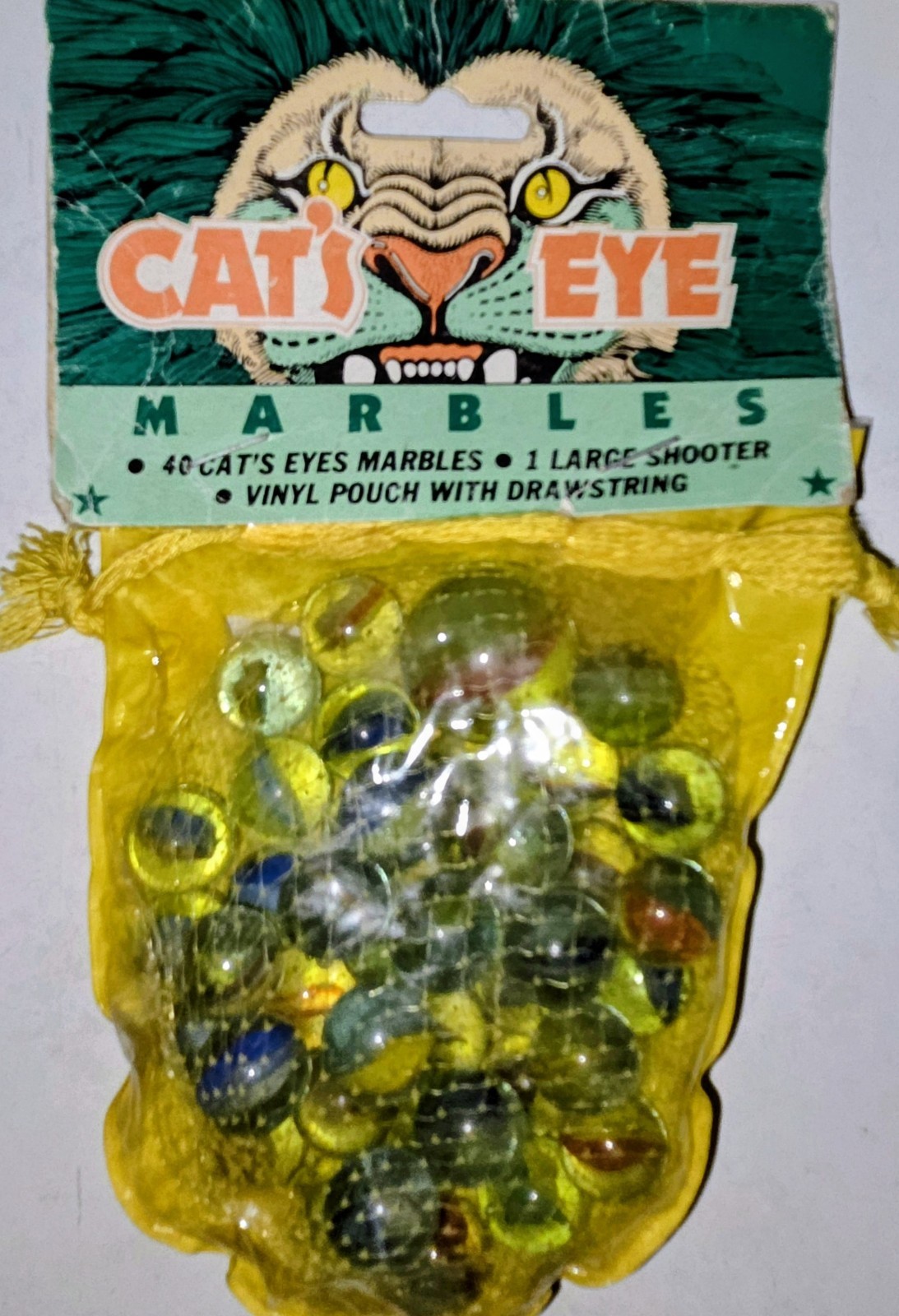 Larami Cat’s Eye Marbles Set 40 + 1 Large Shooter Vinyl Drawstring Pouch