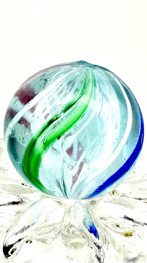 German Handmade White Caged Latticino Marble – Approx 16mm Green Blue Red