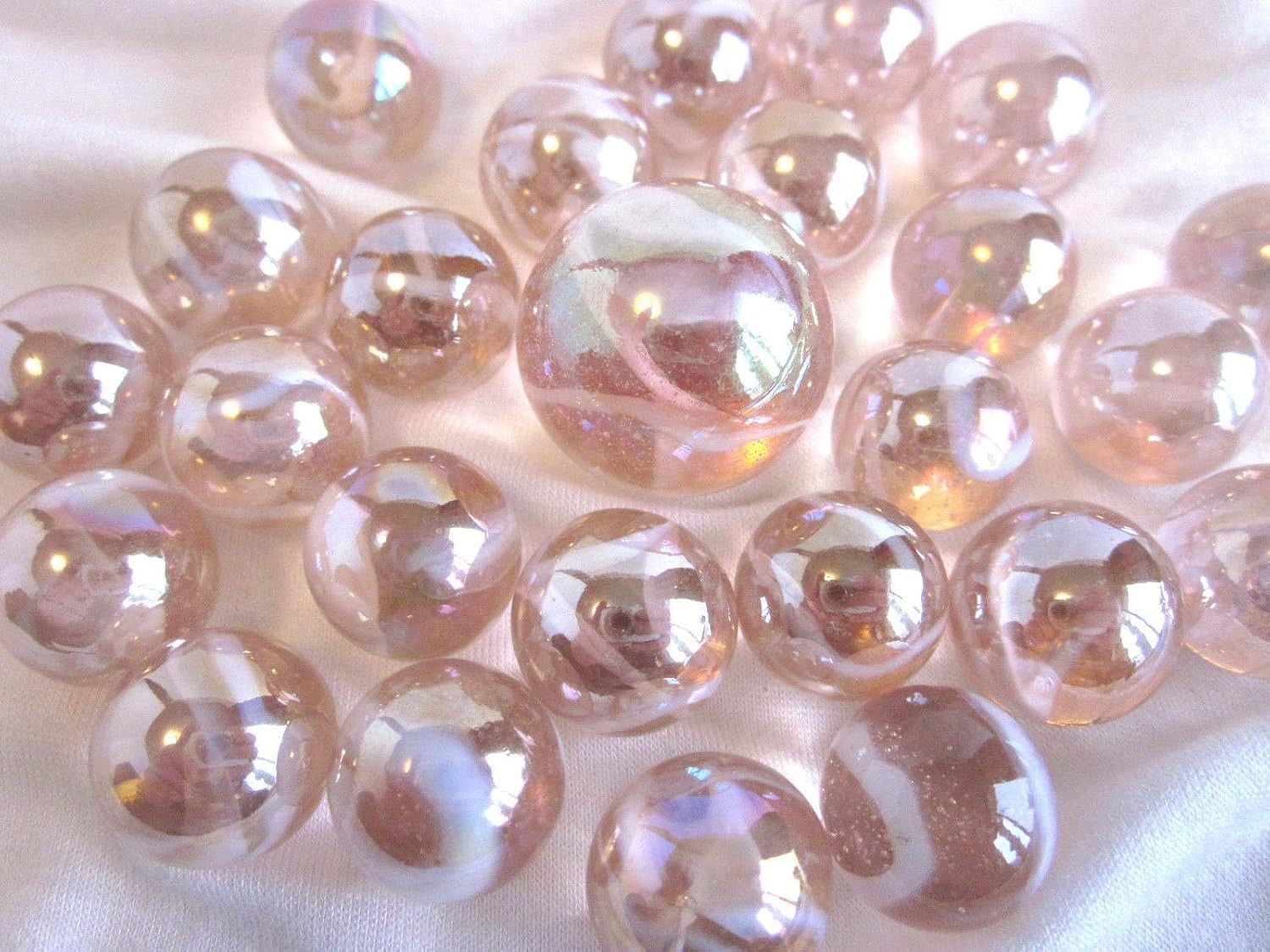 25 Glass Marbles JELLYFISH Pink/White Soap Bubble game vtg style Shooter Swirl