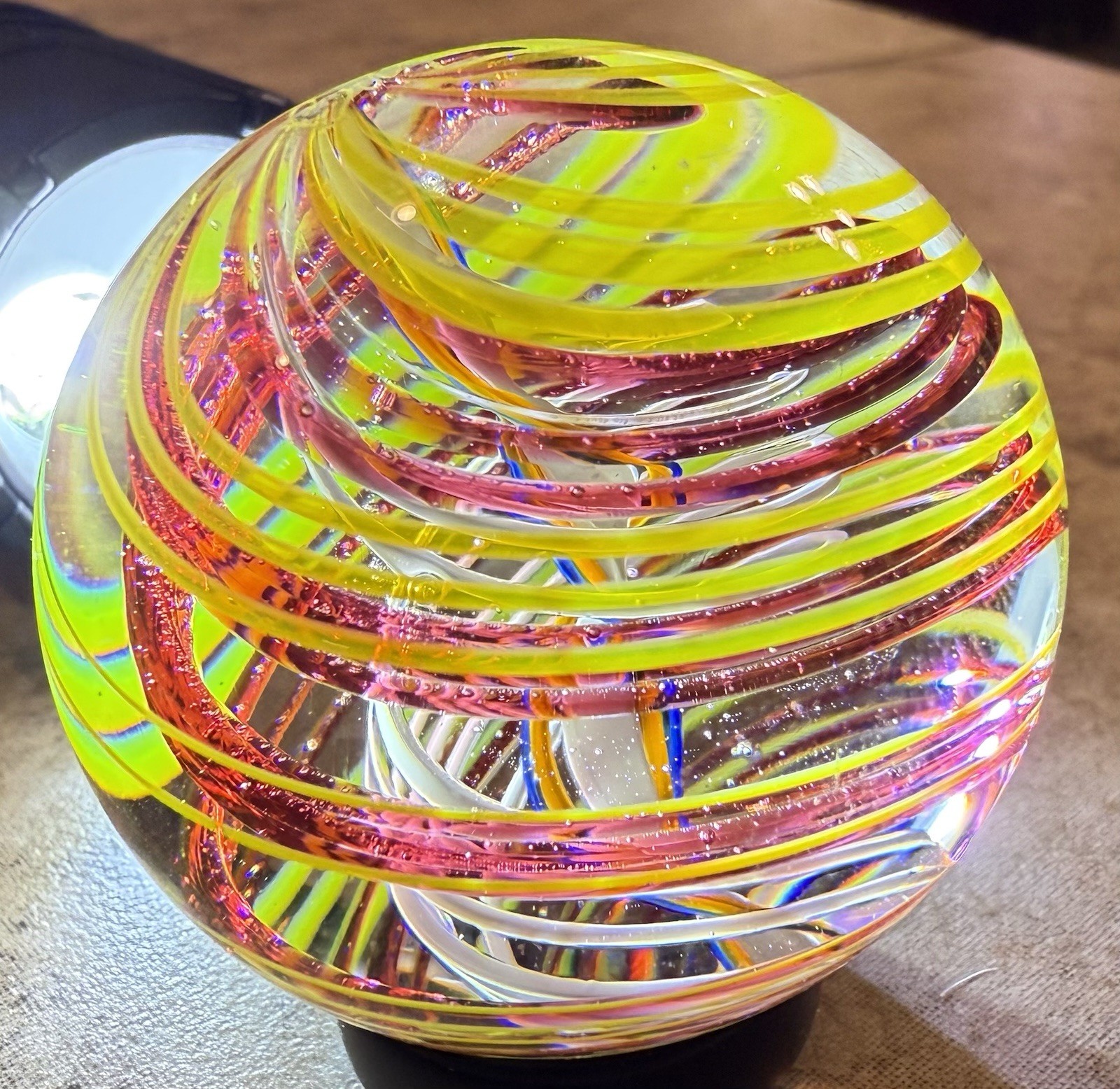 Studio Artist Signed Art Glass Marble 1.73” Latticino Ribbon Core Handmade