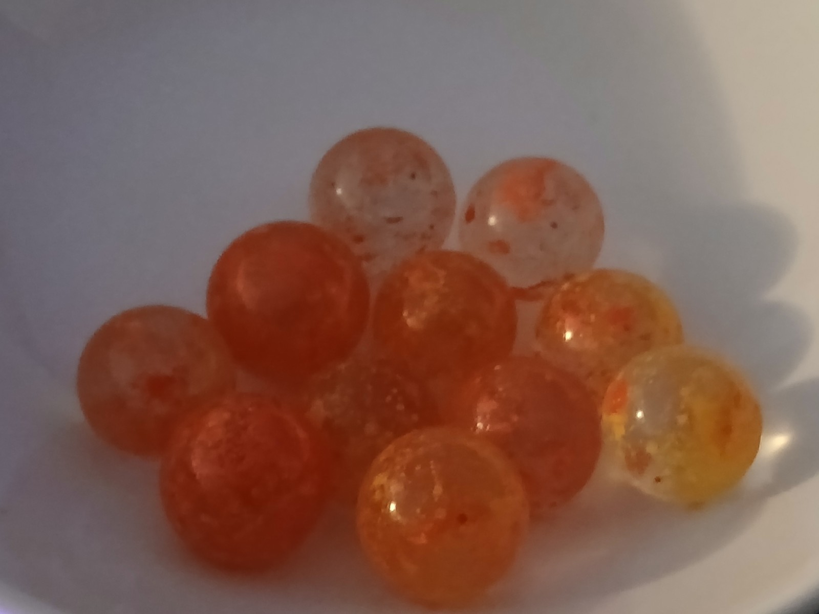 11 Vitro Agate Frit,Uranium Speckled Marbles Orange/Red/Yellow Speckles 1940s