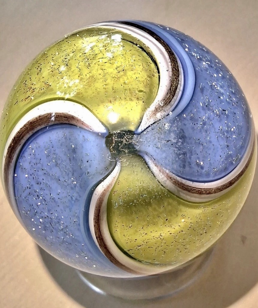 Eddie Seese Contemporary Glass Blue Yellow Band Dichroic Double Twist Marble 3cm