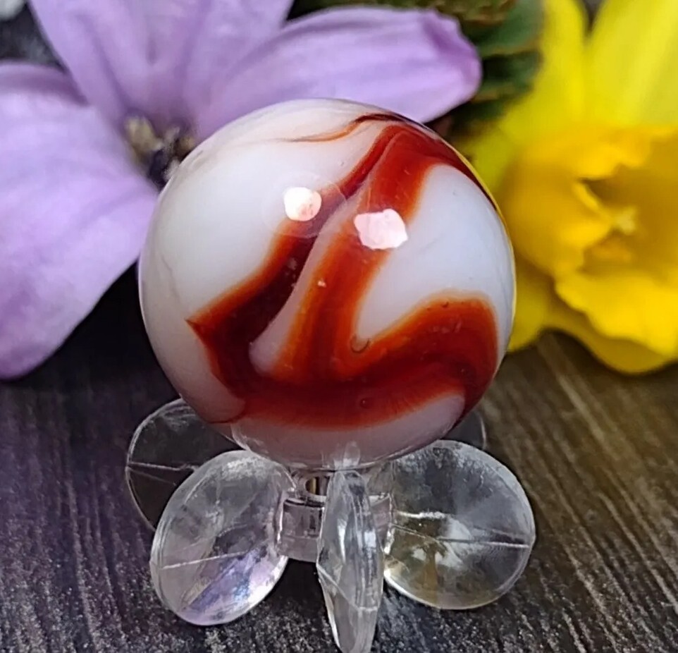 UNIQUE Blood Red Turkey Swirl BEAUTIFUL Vintage MARBLE Glass Toy .61″ READ