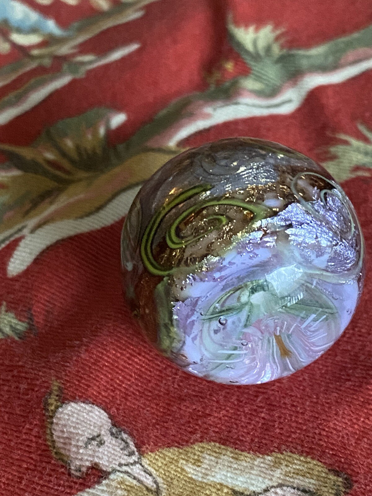 handmade art glass marble Silver Foil Encased Tiny Pink Bloom