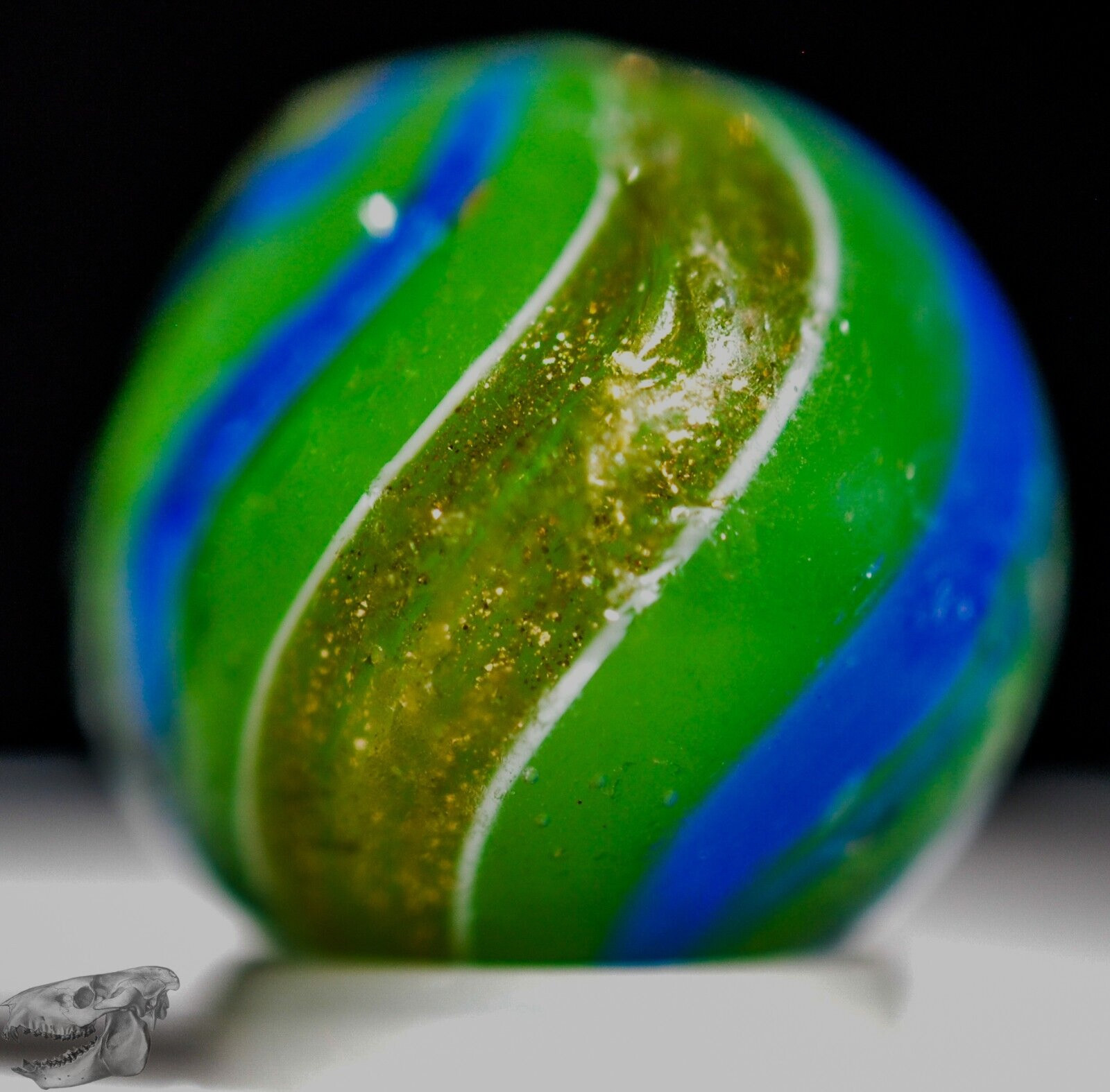 Handmade Banded Lutz Marble, Rare Opaque Green Glass 11/16 in Collectible S1288b