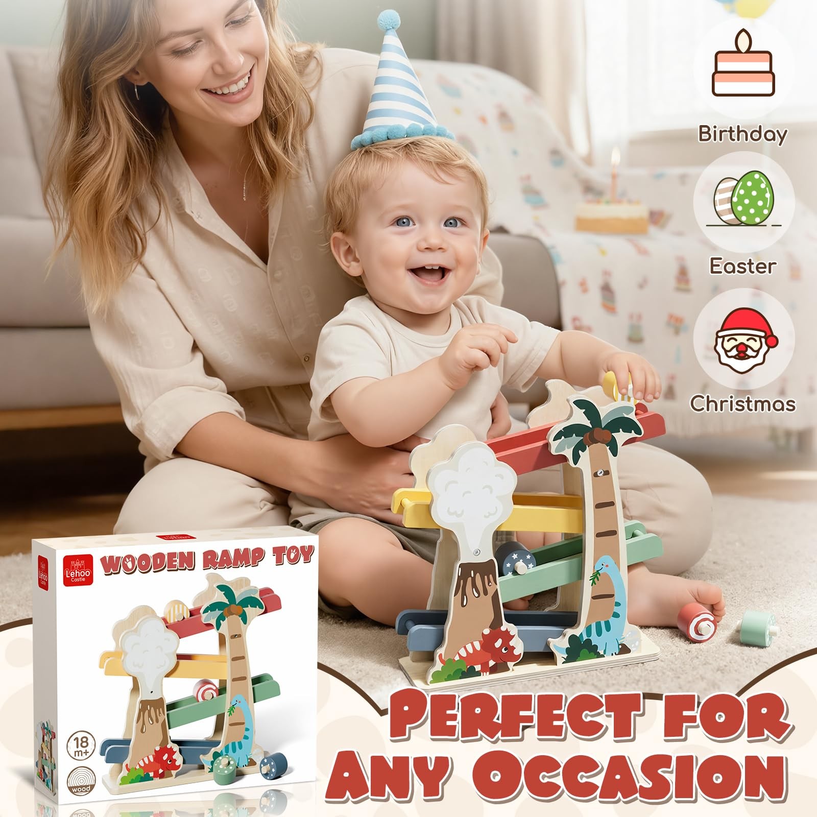 Lehoo Castle Wooden Car Ramp Toys for 1 Year Large, Red, Blue, Green, Yellow