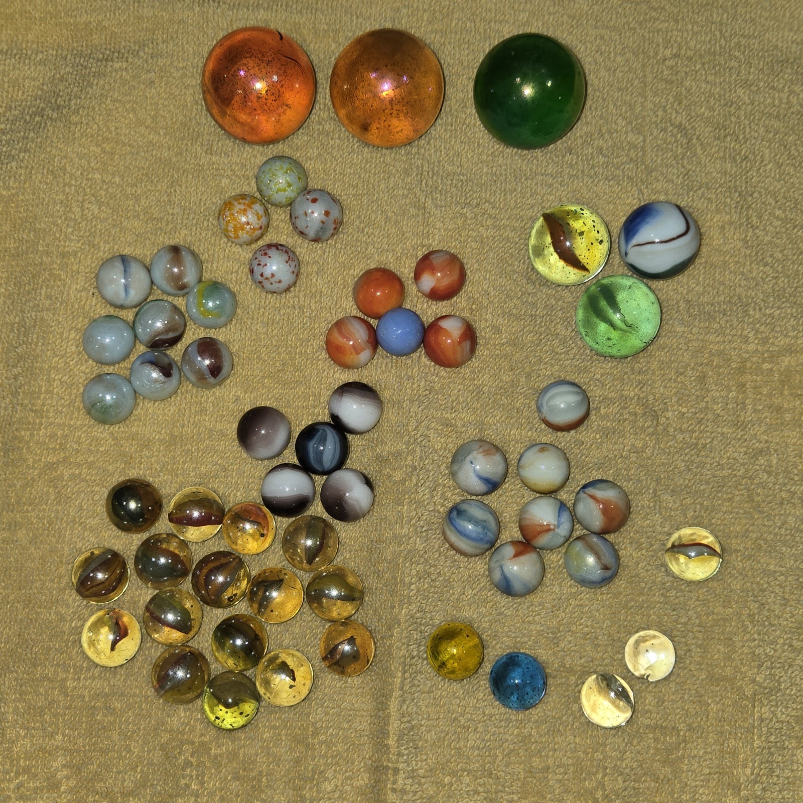 56 Vintage Marbles: 3 Reg. Boulders; 3XL Boulders; 50 Common-size Marbles. L00K!
