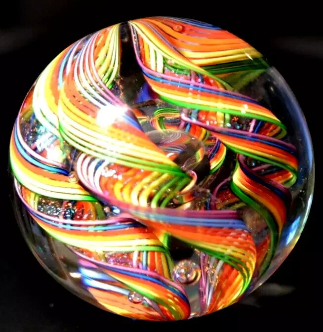 JAMES ALLOWAY GLASS MARBLE/2.754″-RAINBOW QUADMANIA #461-LIME,YELLOW,ORANGE +