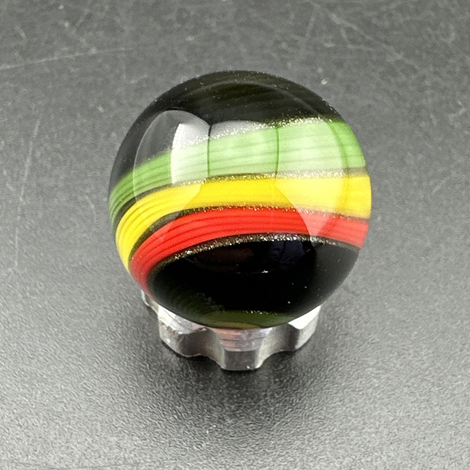 Contemporary Handmade Art Glass Marble .76″ Swirl MIB, Rasta Colors, Banded Boro
