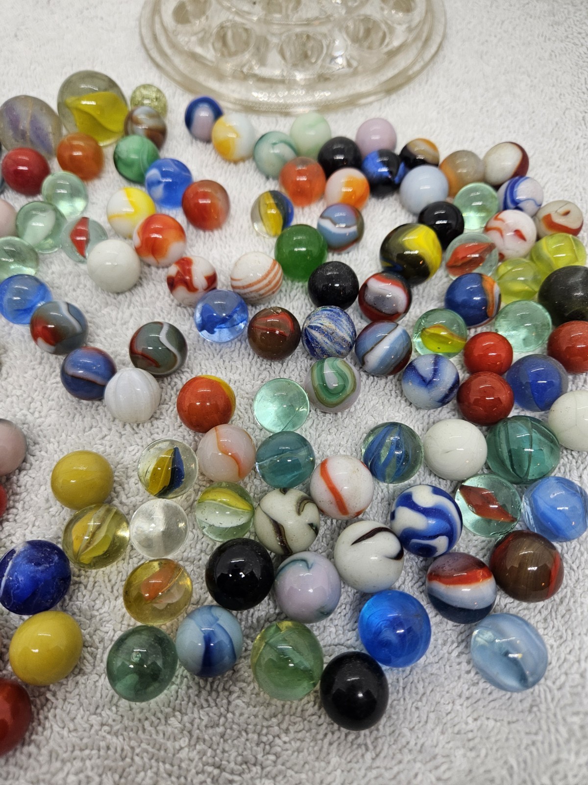 Antique Lot Glass Marbles with Glass Display Stand – Some Glow Under Black Light