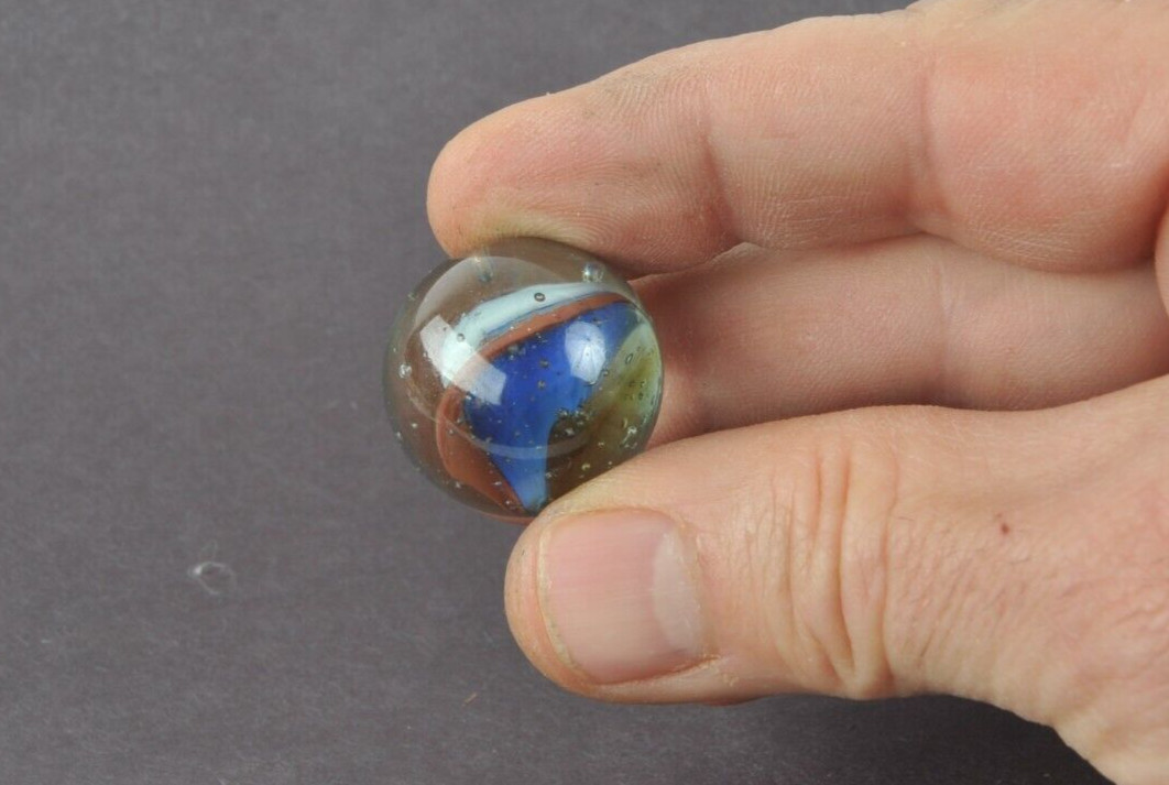 Vintage Asian 5? 3? VANE Red White Blue 1″ Shooter Green Tint Cat’s Eye Marble