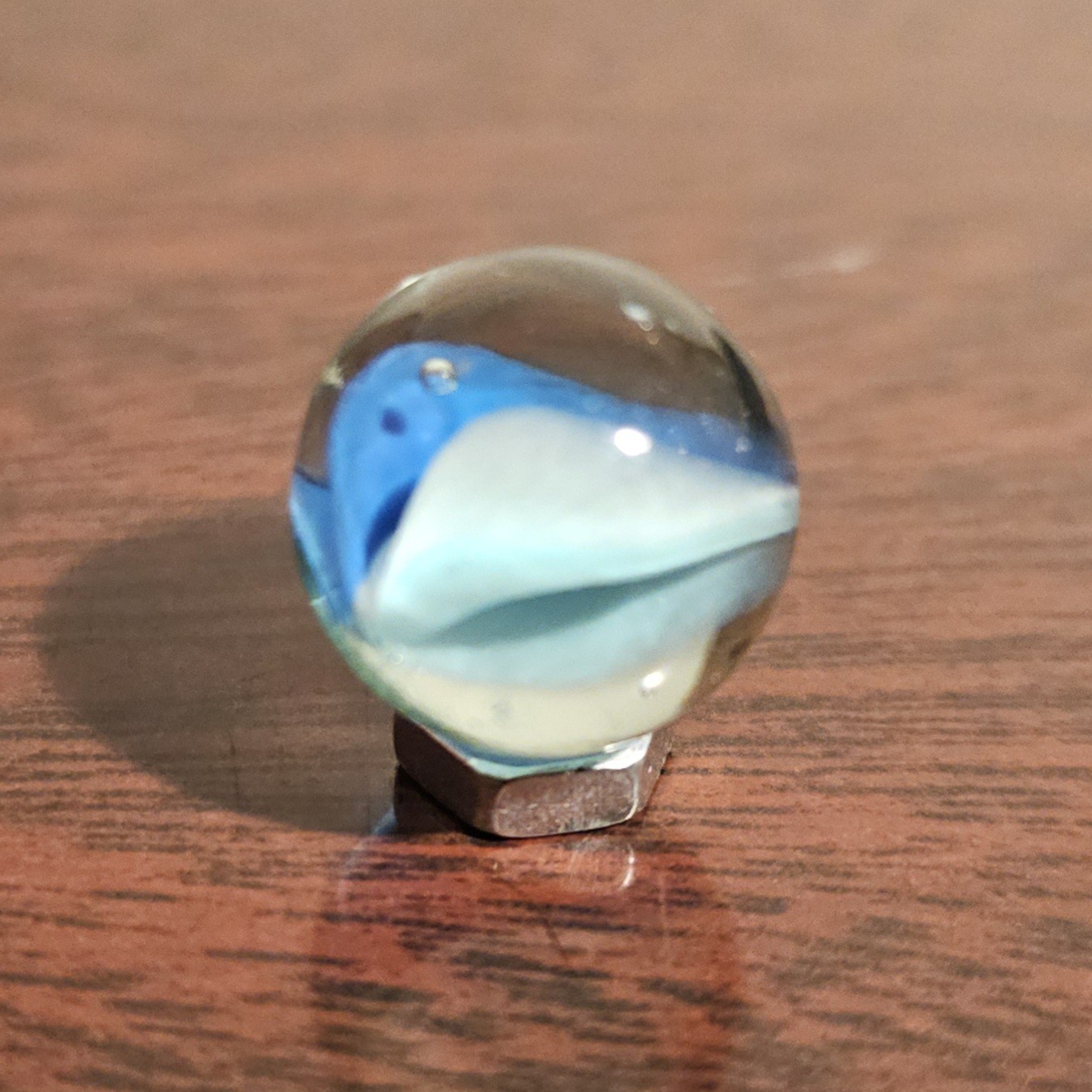 Vintage 6-Lobe Cats Eye Light Blue Dark Blue Pass-Thru White .593 Glass Marble