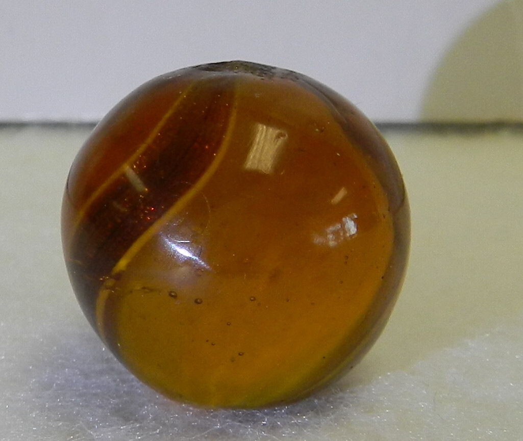 #18549m Large .77 Inches Vintage German Handmade Amber Glass Ribbon Lutz Marble