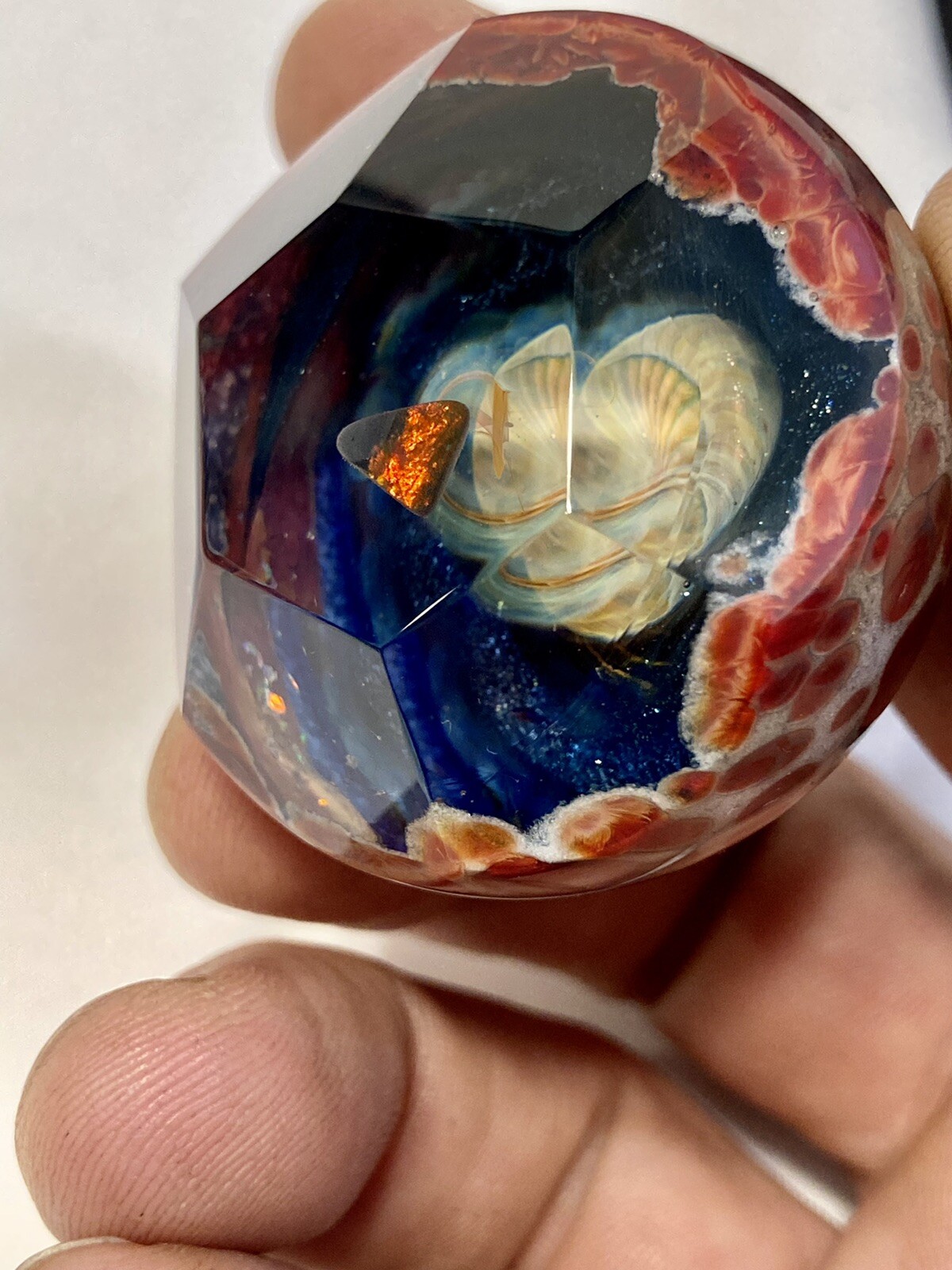 Glass Boro Marble 41mm W/ Opal Stone Hand Made Art Faceted ￼space Sculpture