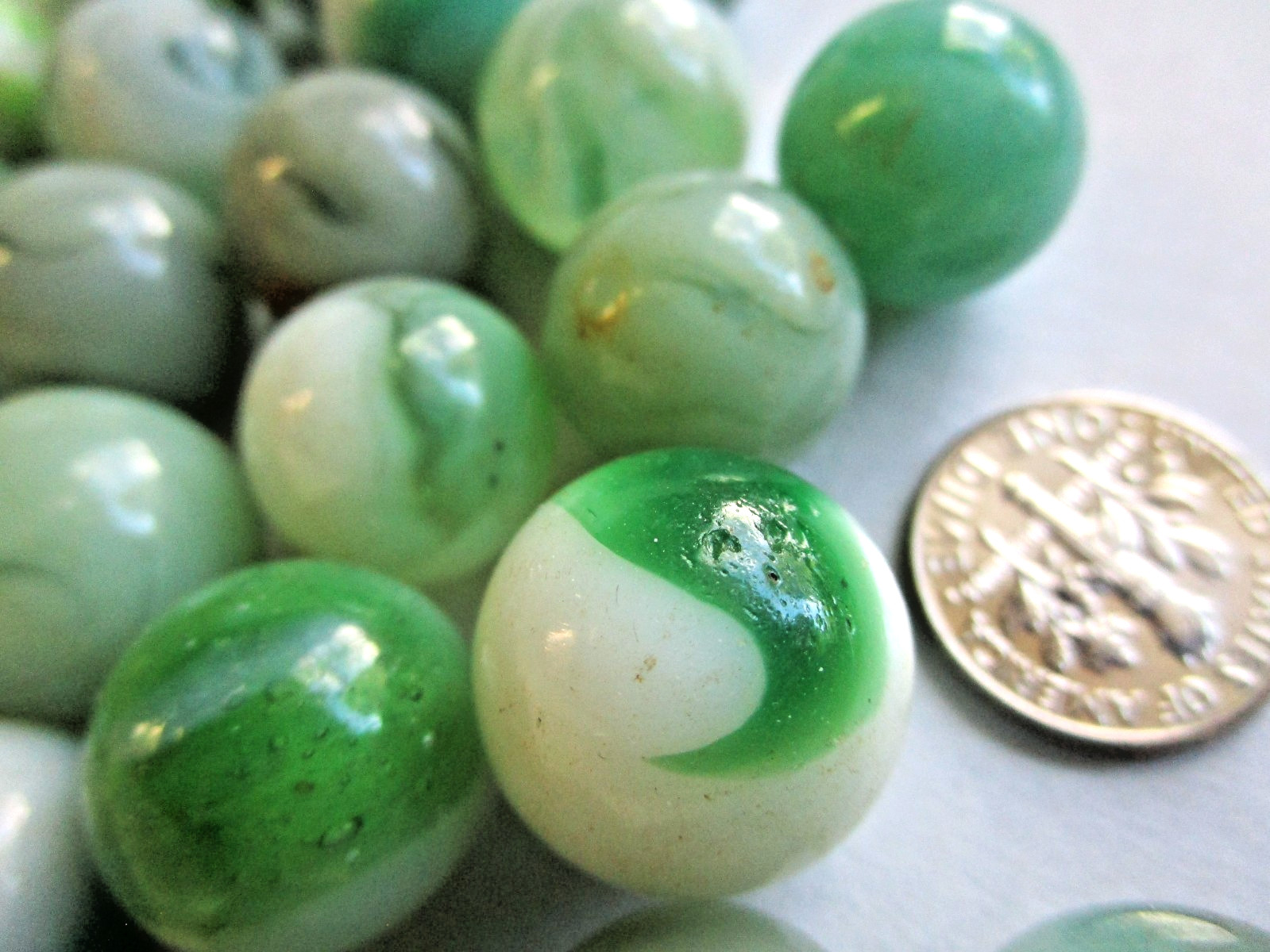 Vintage LOT OF 27 MARBLES Green WHITE Swirl