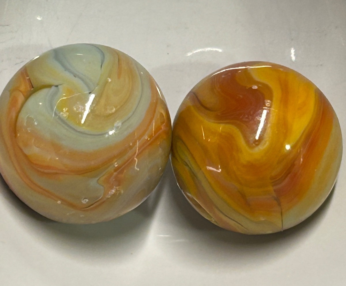 Vintage JABO Glass Swirl Art Marble Shooter Pair 1″ As-Made Factory Crease Marks