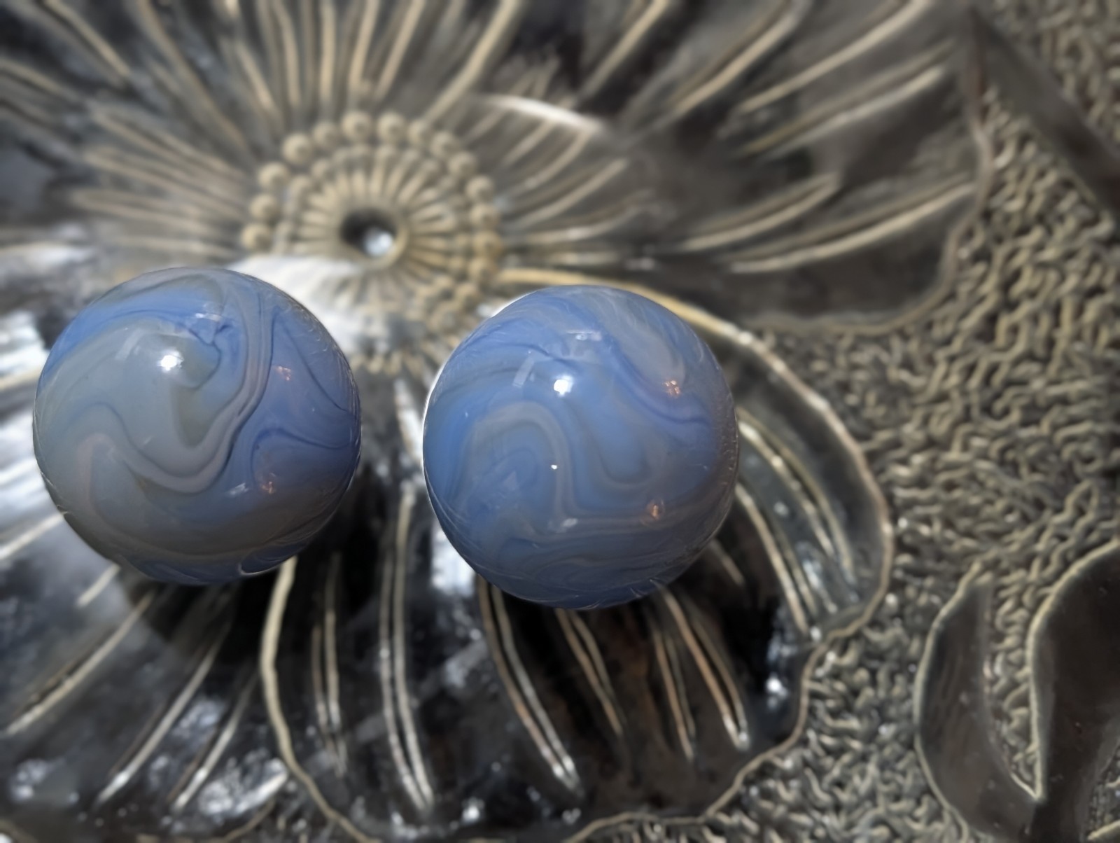 Vintage Pair Jabo Blue Uranium and Cadmium Marbles UV Glow