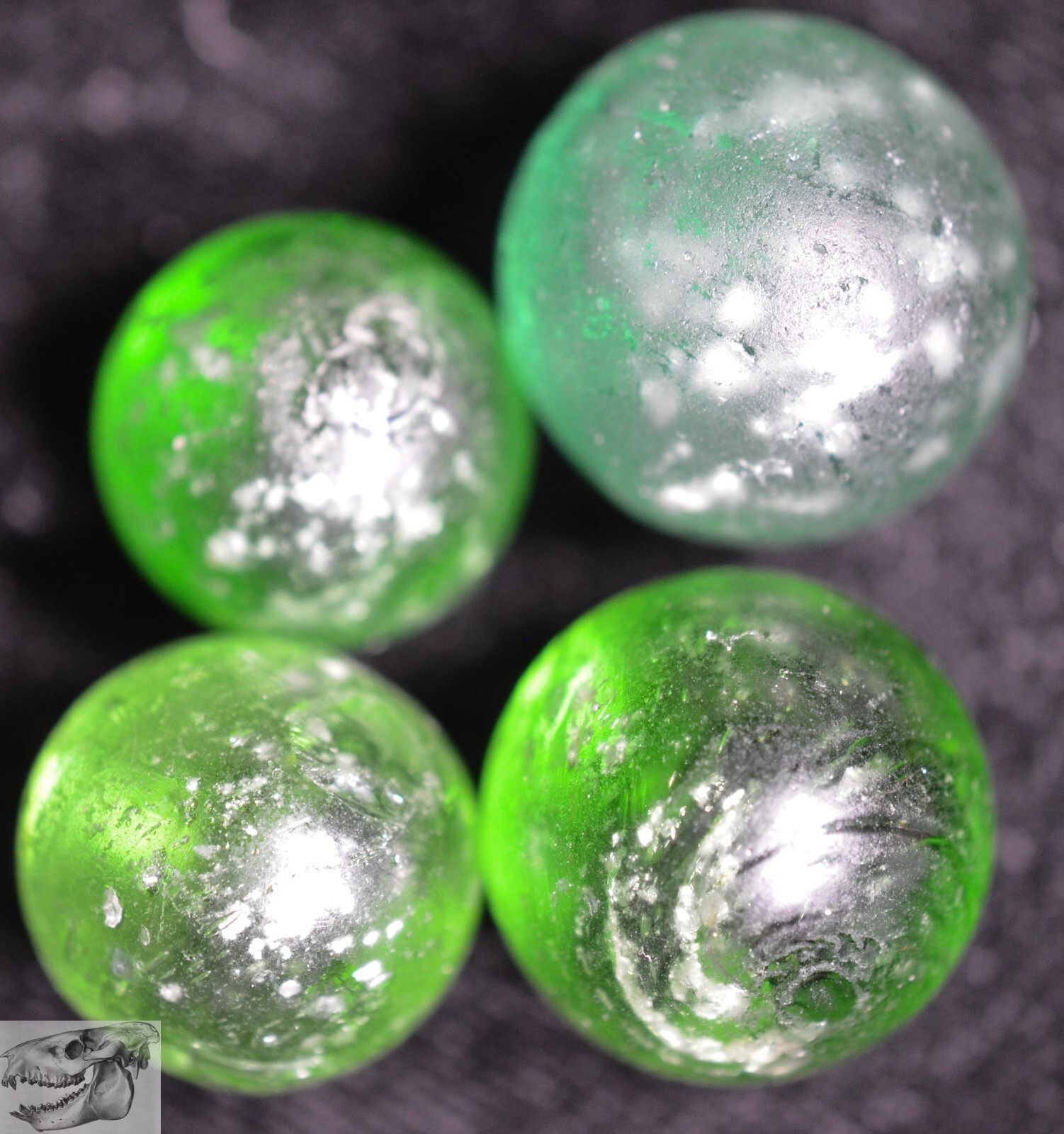 Four Handmade Green Mica Marble, 5/8 to 3/4 in, Good to Near Mint, Germany S903