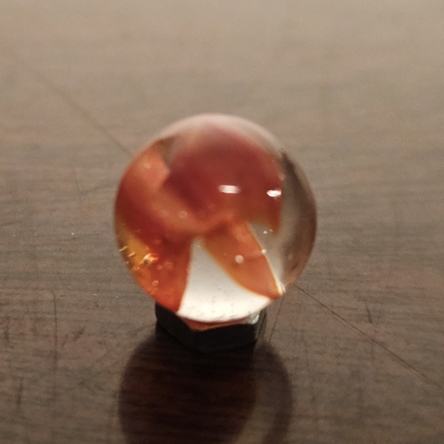 C E Bogard Orange 4- Lobe Floppy Cats Eye Clear Glass .593 Marble