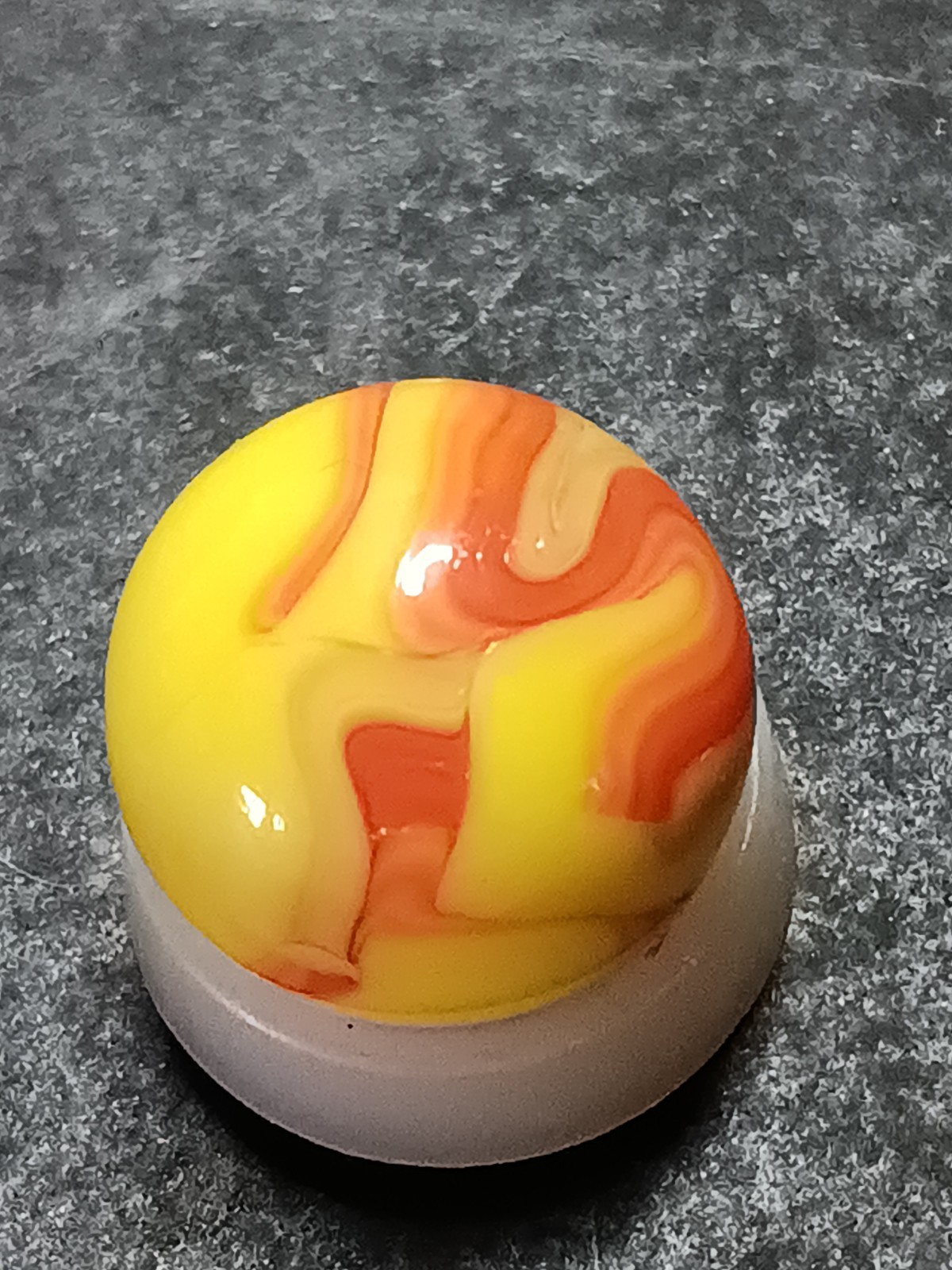Vintage C A C Swirl Machine Made Toy Marble Yellow Orange swirl Pattern Used