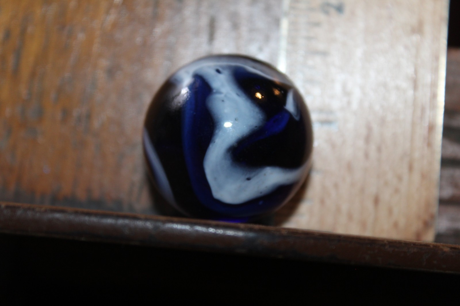 Vintage Machine Made Large Glass Shooter Marble Cobalt Blue White Swirl 1-1/4″